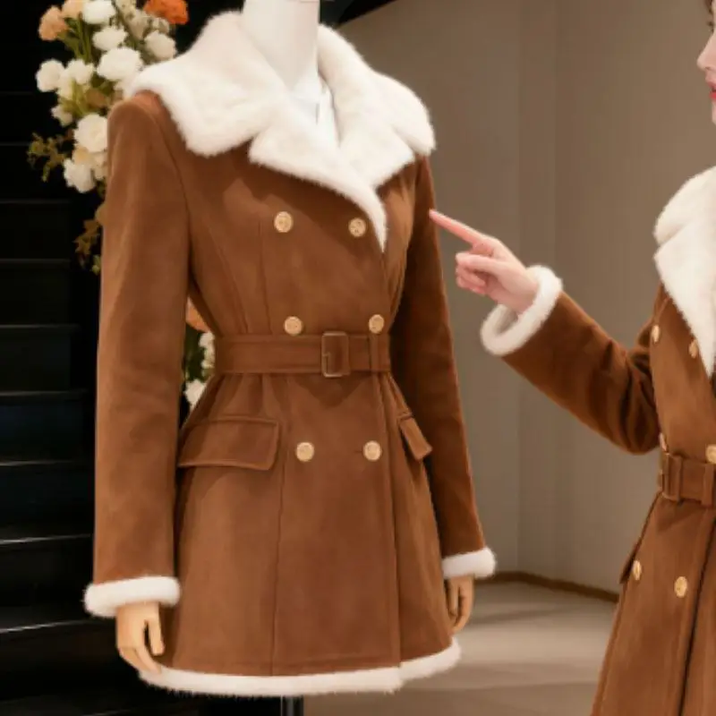 Premium Brown Fur Integrated Double-breasted Coat Women's Autumn Winter Waist Medium And Long Temperament Loose Large Size Coat