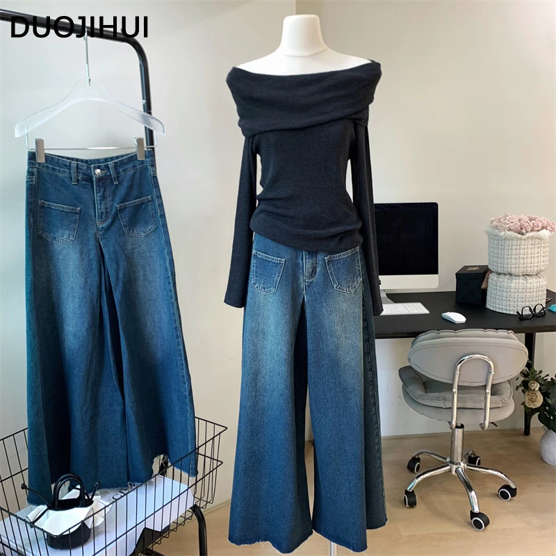 Duojihui blau Vintage Basic hohe Taille schlanke Frauen weites Bein Hose Herbst neue lose einfarbige Mode Knopf einfache weibliche Jeans