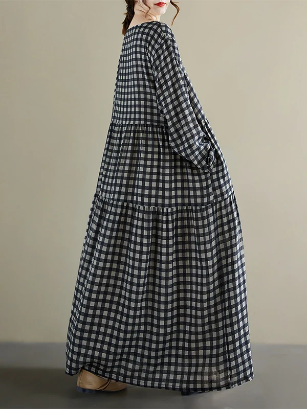 تنورة ريترو مضادة للشيخوخة مستديرة Ne Long Sve Gingham مطوي Dr من القطن والكتان مقاس كبير على شكل حرف a للنساء في منتصف العمر