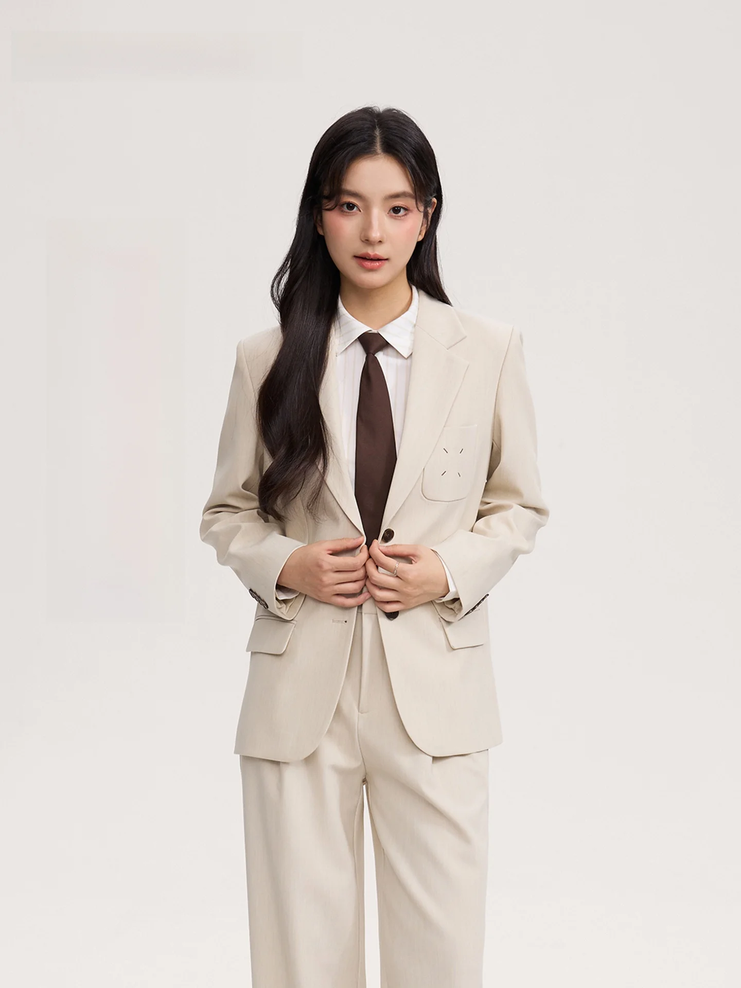 

Good Young Women's Khaki Suit Set Busin Interview Profional High-End Feeling Office Western Sle Slim Fit Polyester Fiber