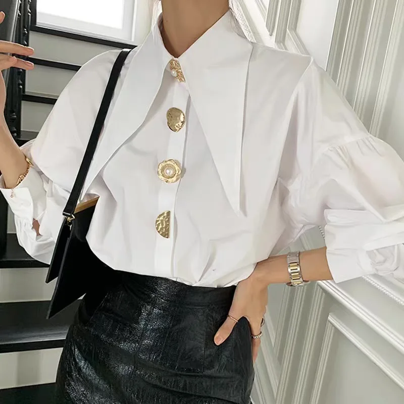 Pointed lapel fashionable metal contrasting button long sleeved shirt  blusas  shirts for women  womens tops