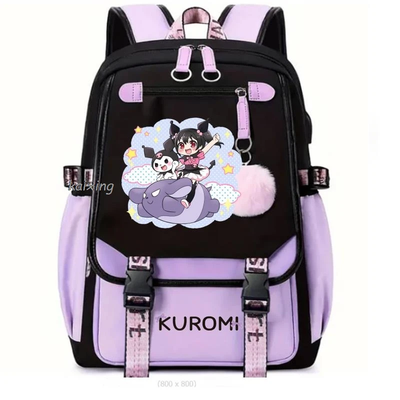 Bonito kuromi mochila feminina estudantes do ensino médio sacos de escola da menina carregamento usb grande capacidade diário infantil