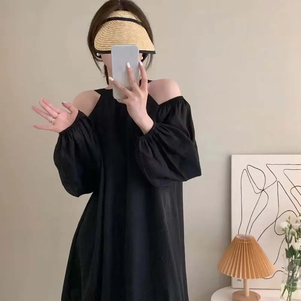 

Lantern Sleeve Off Shoulder Halter Dress Thin Elegant Halter Mini Dress Korean Style Beachwear A-line Short Skirt Women