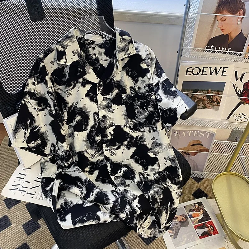 

Retro Japanese Dyeing Splaed Ink irt Men's ort Sve Loose Ice Silk Cool Feeling irt Haome Sun Protection Top