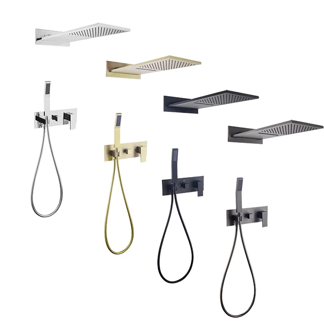 

3 Ways Wall Mounted Matte Black Brushed Gold Shower System Concealed Bathroom Rainfall And Waterfall Shower Faucet Set