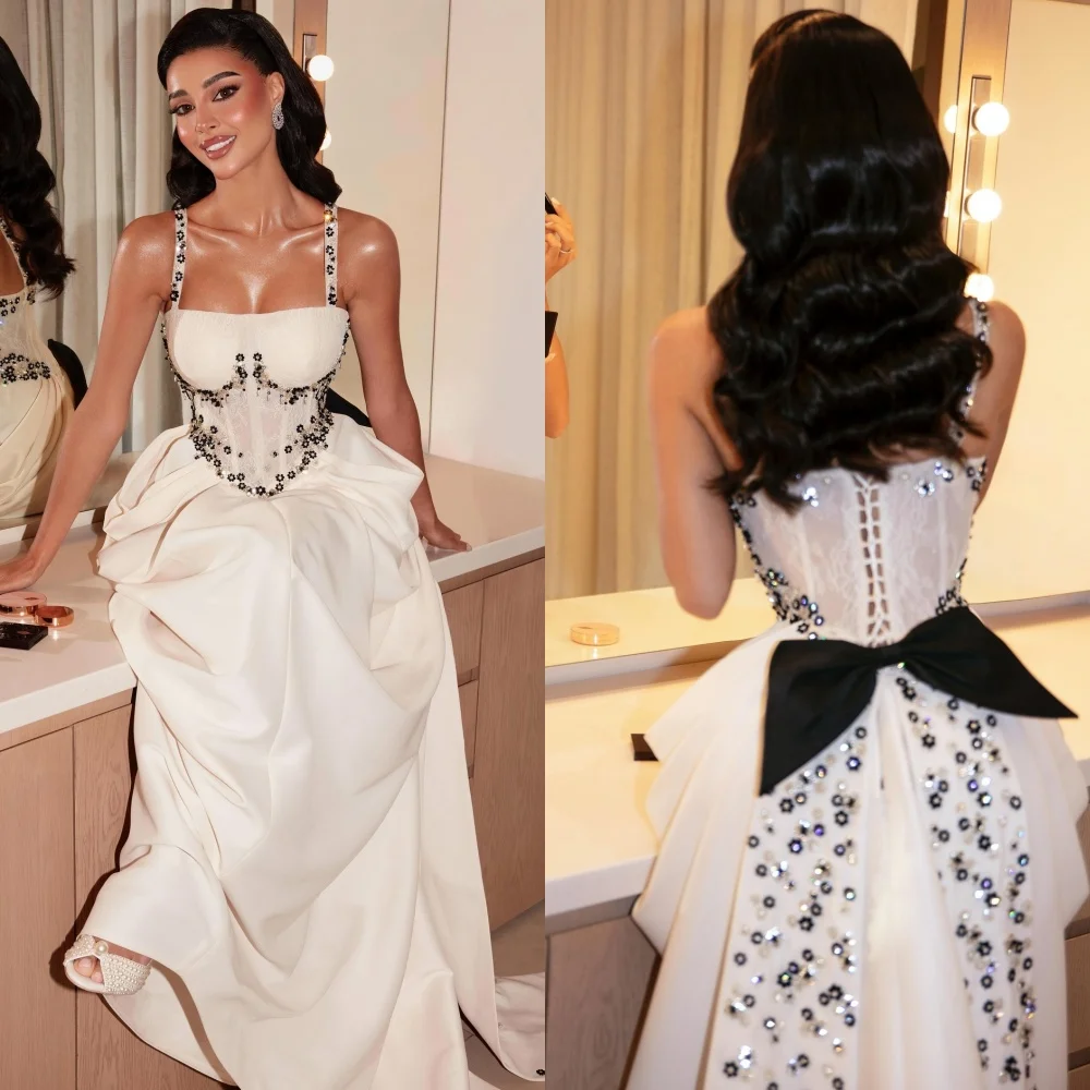 

Индивидуальные модные элегантные джерси с блестками и бантом, длинные платья трапециевидной формы с квадратным вырезом, изысканные на заказ