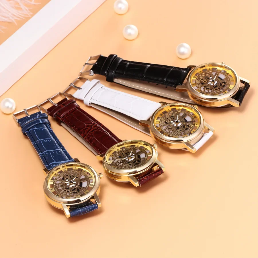 Fashion Imitation Mechanical Watch Men Hollowing Out Skeleton Watches Leather Band Quartz Wristwatches Men Relogio Masculino