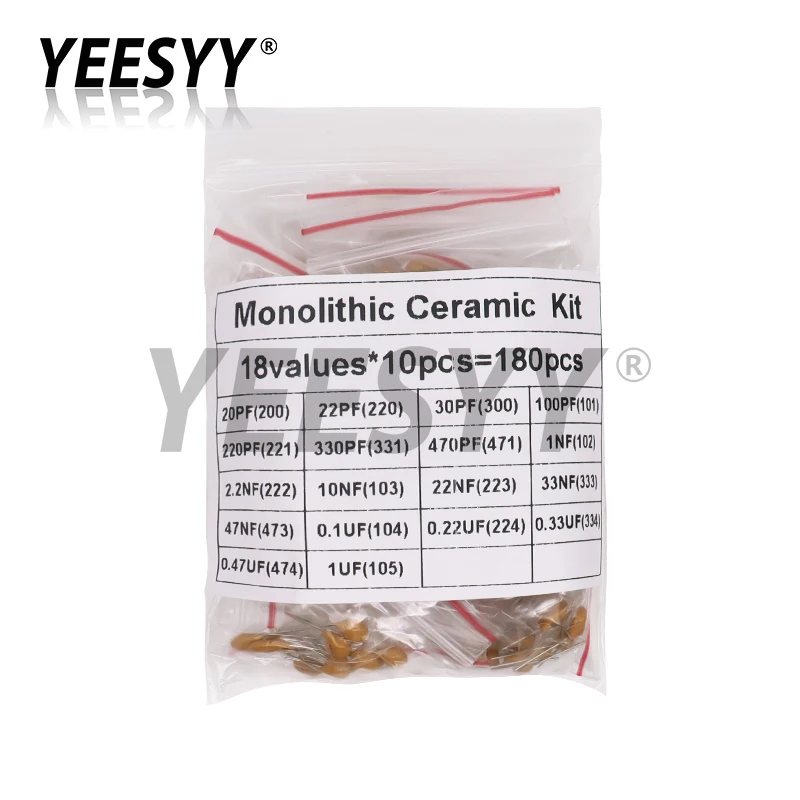 18values*10pcs = 180pcs Monolithic Ceramic Capacitor Kit 50V 20pF - 1uF Capacitance Assorted Set DIY