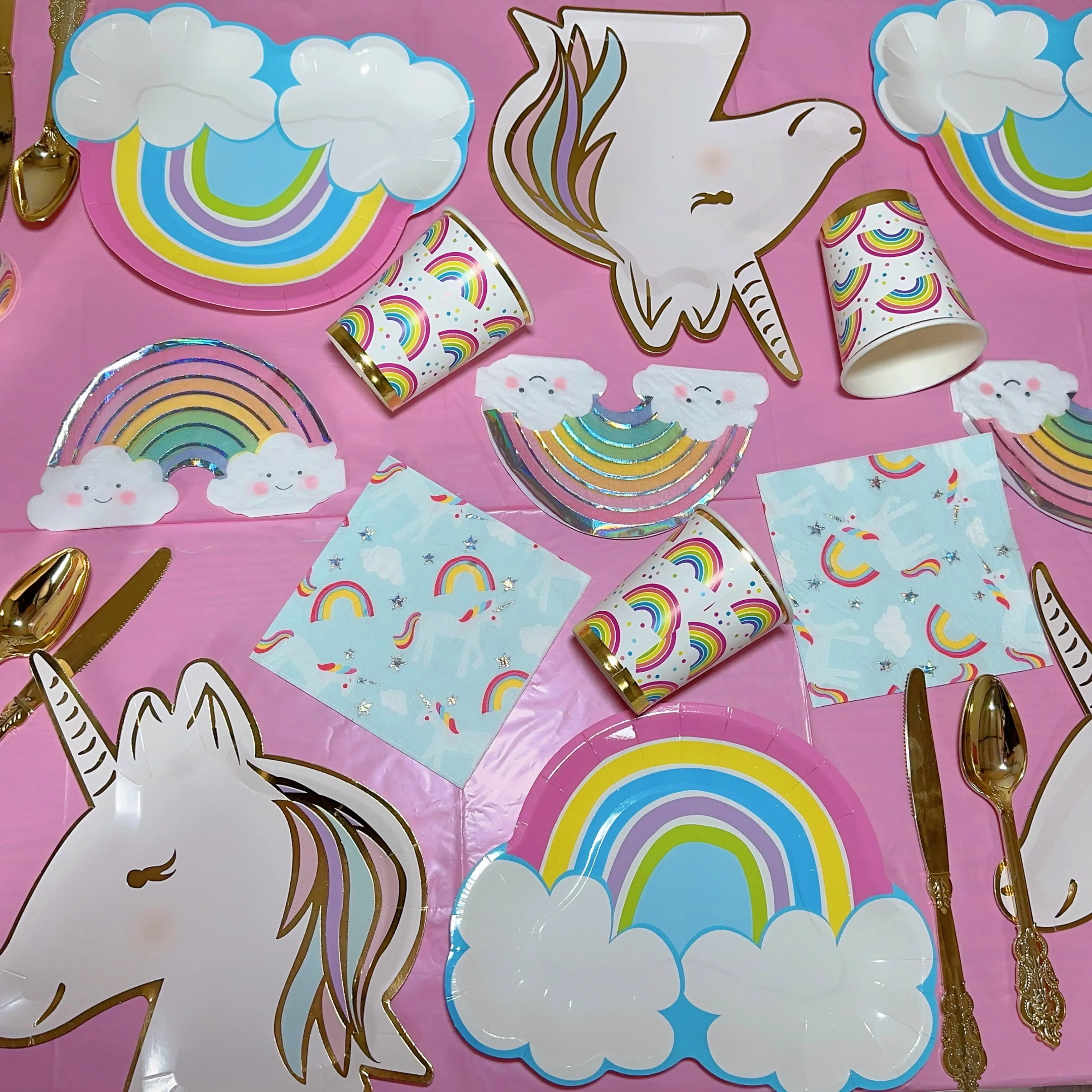 Rainbow Disposable Tableware Paper Plates Cups Napkin Unicornio Birthday Party Decor Rainbow Theme Birthday Party Supplies Girls