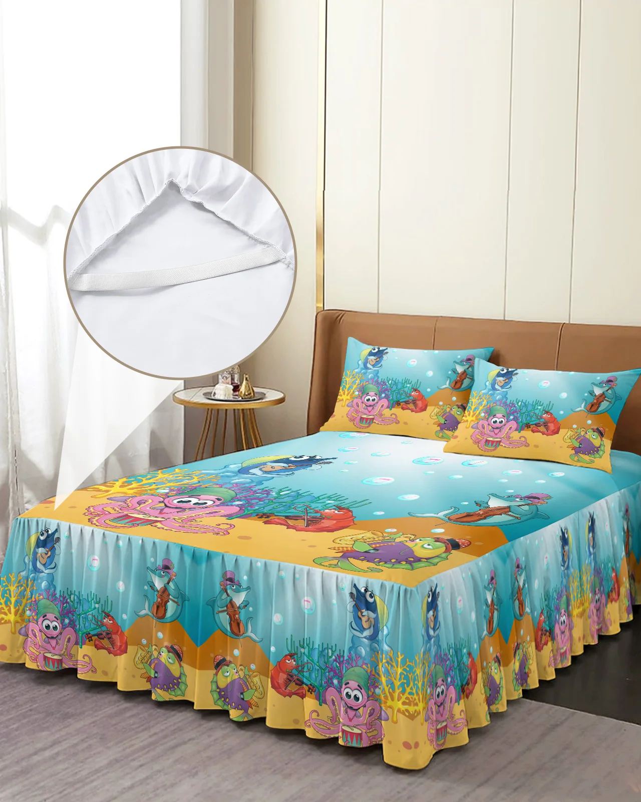 Cartoon Ocean Sea Animals Concert Bed Skirt Elastic Fitted Bedspread With Pillowcases Mattress Cover Bedding Set Bed Sheet