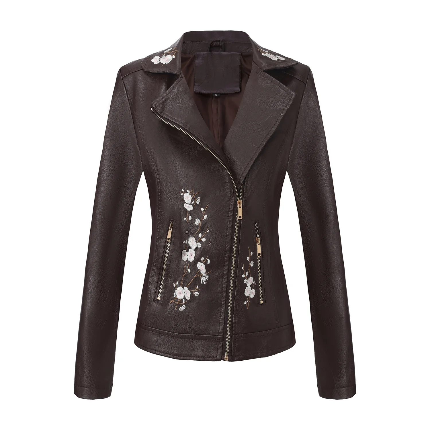 New Fall Women's Black Embroidered PU Jacket, Street-Style Brown Faux Leather Coat, Fashionable Beige Long Sleeves Top.