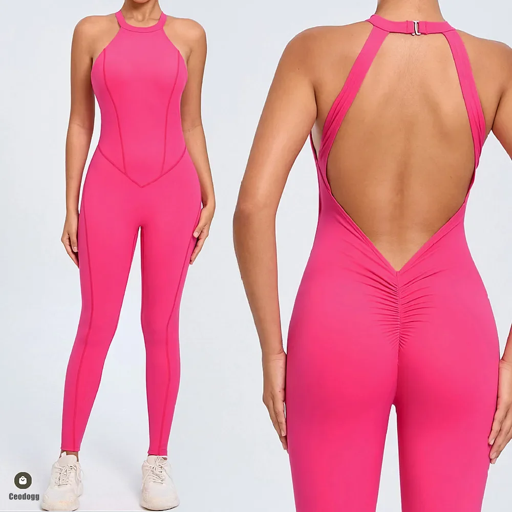 

Buckle Neck Yoga Set Workout Legging Fitness Bodysuit Siamese Sports Women Tracksuit Gym One Piece Jumpsuit Romper Active Wear