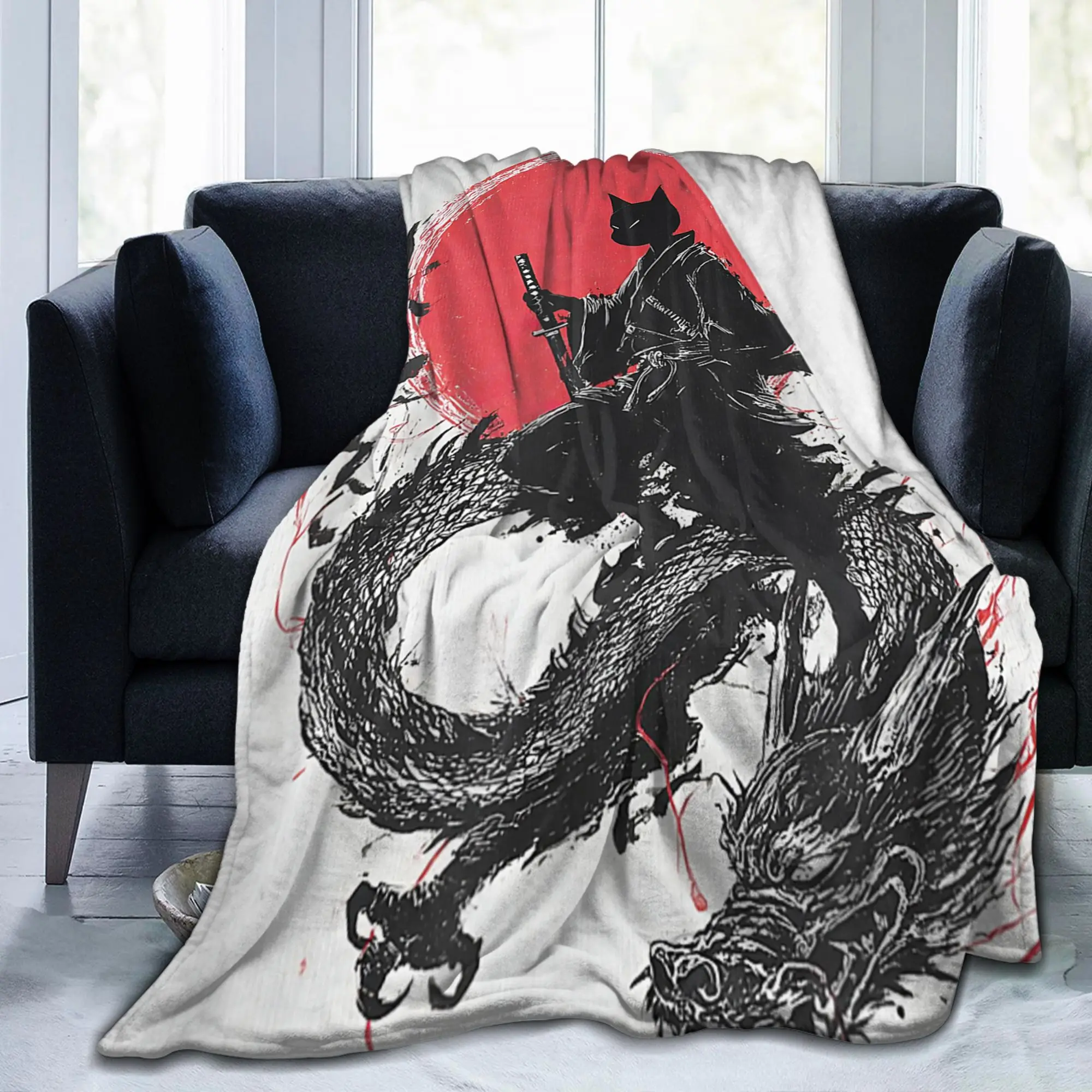 Ukiyo-e Samurai Japanese Ink Art Cat Blanket Flannel Autumn Winter Vintage Artwork Multifunction Thin Throw Blanket Bedspread
