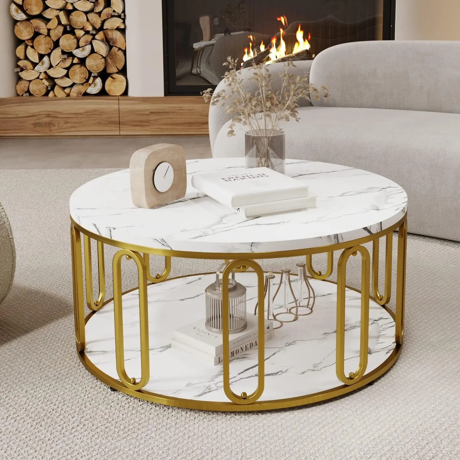 

Round Coffee Table, Wooden Marble Pattern Coffee Table with Round Open Storage, Solid Golden Metal Legs for Living Room, White
