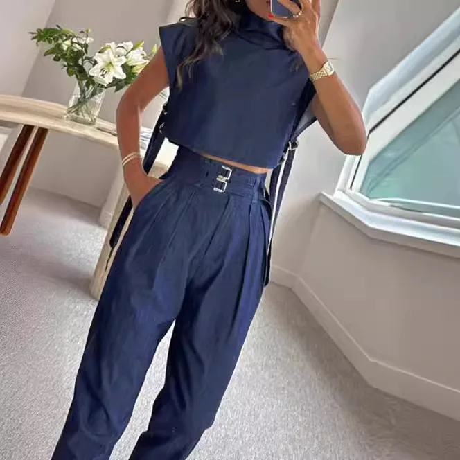 

Women's Casual Short-sleeved Solid Color Suit Office Fashion Commuting 2-piece Set Elegant Turtleneck Pullover And Trousers Suit