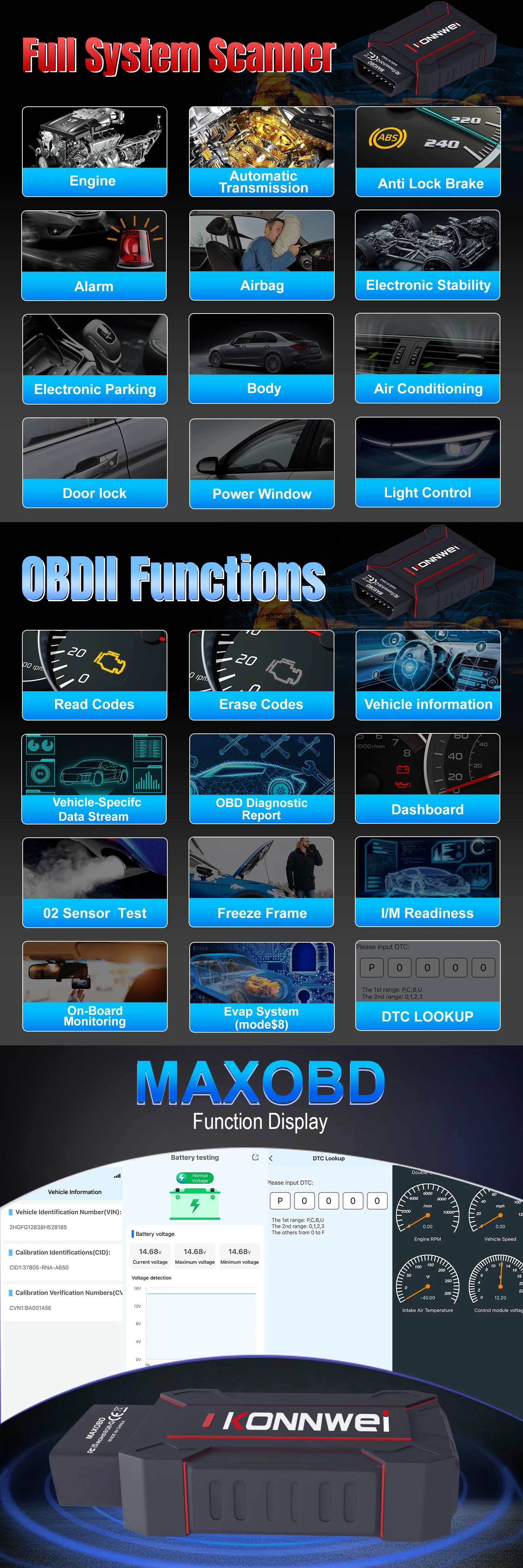 KONNWEI MAXOBD Bluetooth OBD2 Scanner Auto-Motorcode-Lesegerät Kfz-Diagnosegerät Unterstützt Android iOS Alle OBDII Benzinfahrzeuge – Detail 4