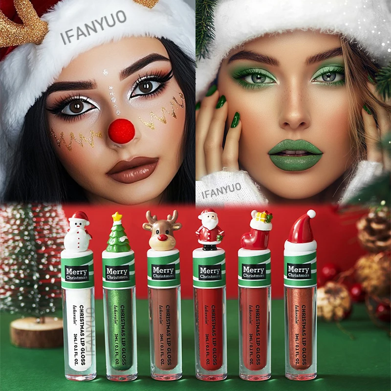 Christmas Theme Lip Gloss Colorful Jelly Lip Tint Oil Moisturizing Lasting Lipgloss Velvet Matte Pearly Lip Glaze Makeup Gift