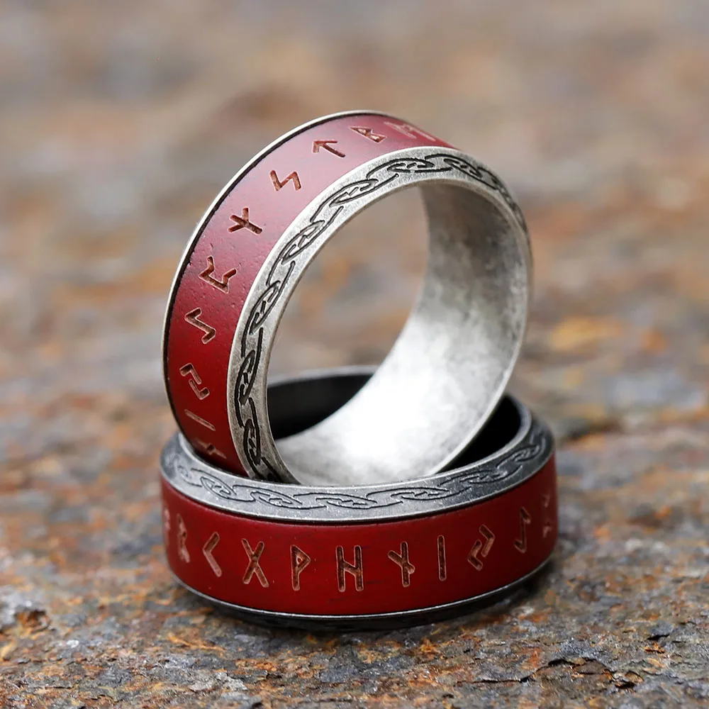 New Design 316L Stainless Steel Viking Runes Rosewood Ring For Men Round 8mm Engagement Ring Special Design Jewelry