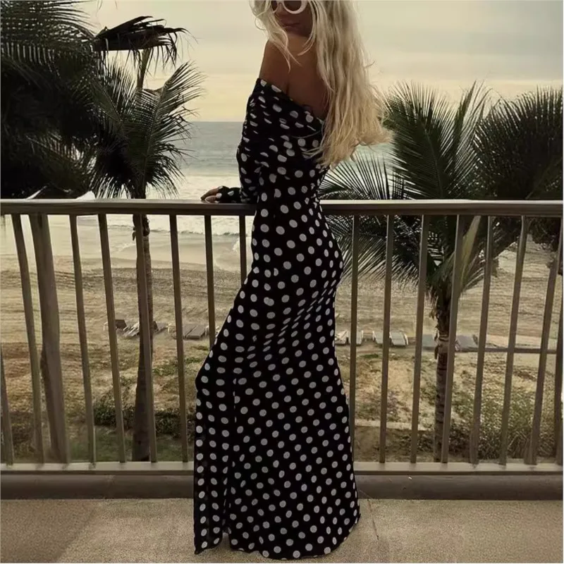 Elegant Party Dresses Gauze Polka Dot Stitching One Shoulder Sexy Slim Dress Women's New Spring Summer Long Dress Ropa Mujer