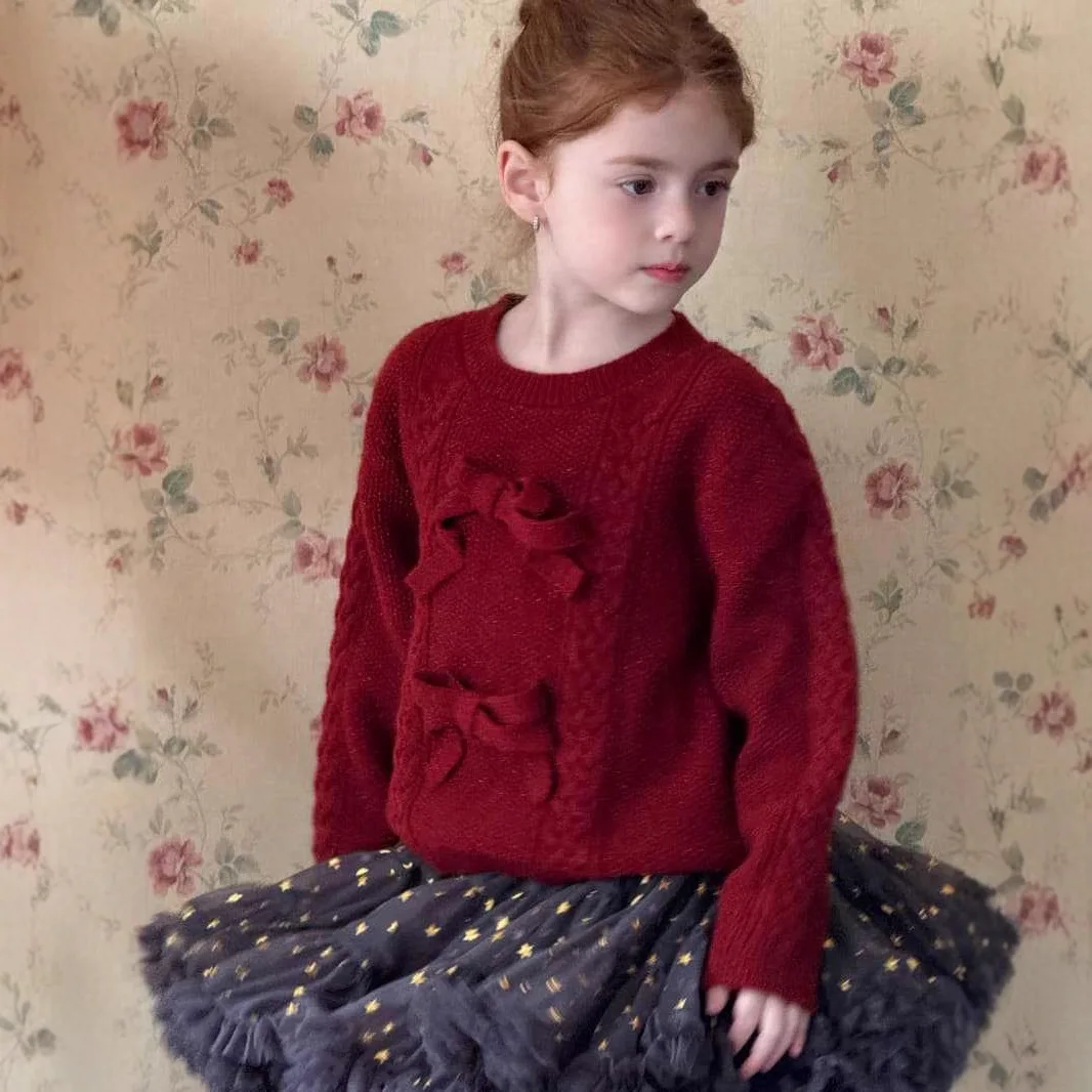 

Winter Kids Baby Girls Sweater Bow Appliques Solid Thicken Warm Fried Dough Twist Toddler Girls Knitwear Infant Girls Pullovers