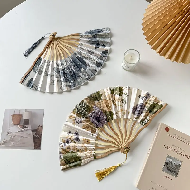 Japanese Style Lace Small Bamboo Bone Folding Fan Silk Cloth Summer Cooling Daily Fan for Women Dance Performance Lightweight