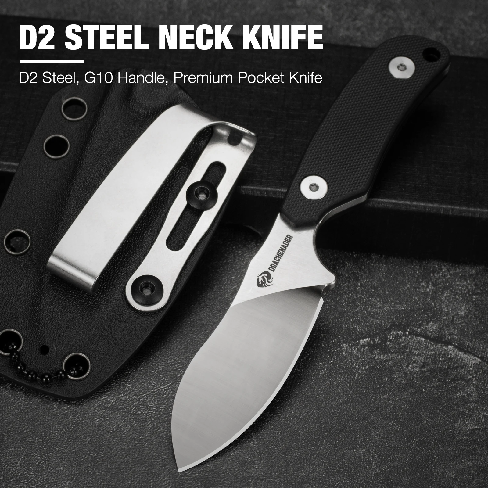 

Neck Knife D2 Steel Hunting Survival Tactical Knife With Kydex Sheath, G10 Handle, Full Tang Fixed Blade, EDC Camping Knives