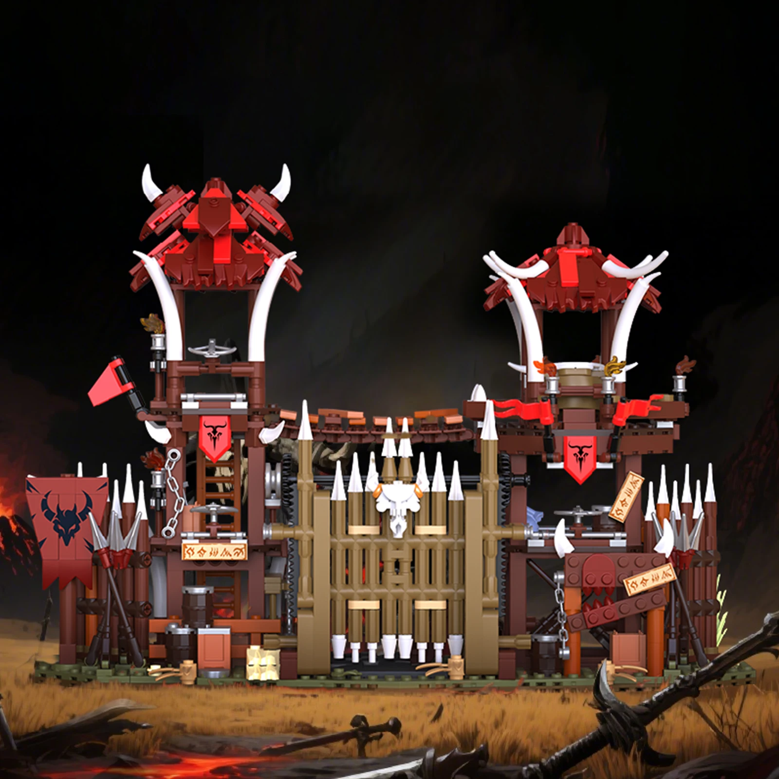 1279PCS Bonefire Gate Building Blocks Primitive Orc Tribe Mobile Gate Lookout Torre Catapulta Modello di Montaggio Giocattoli Regali Di Compleanno