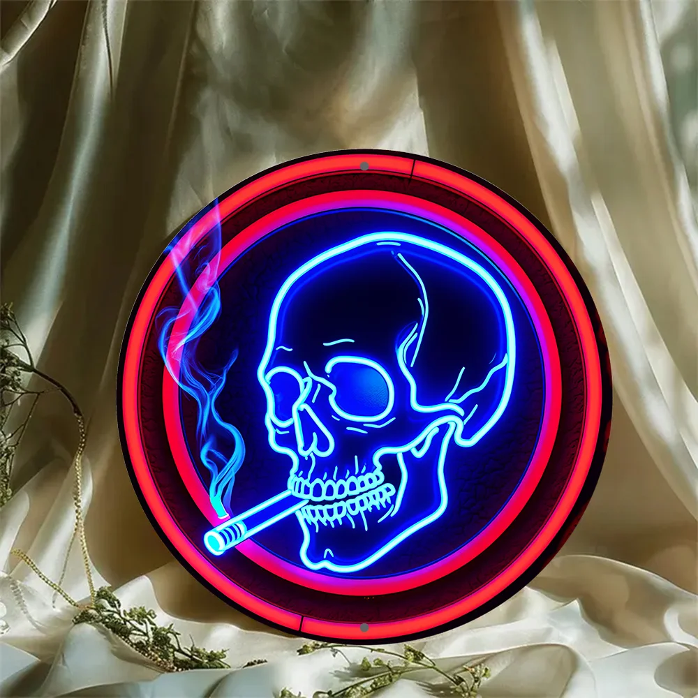 20x20cm Round Skull with Cigarette and Wreath Emblem - Vibrant Blue & Red Wall Art for Halloween, Day of the Dead, Home-1pc