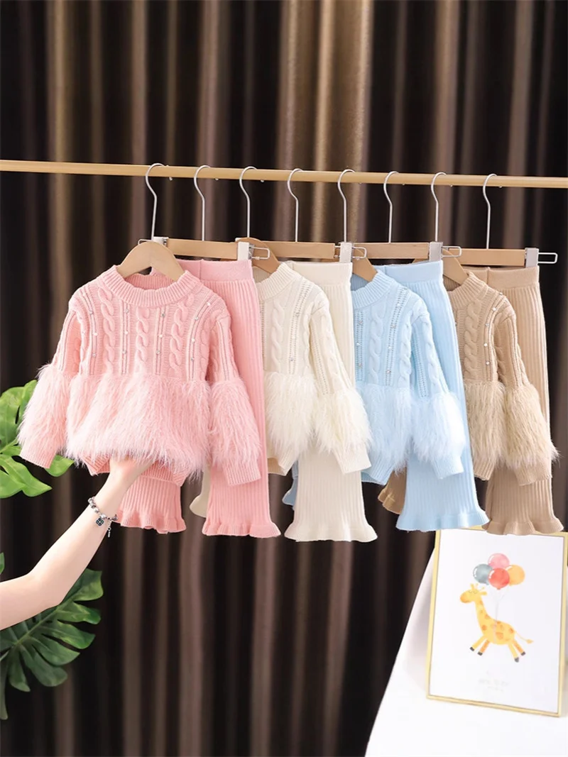 Kids Winter Warm Suits Girls Thick Sweater+Pants 2Pc Outfits Children Casual Outdoor Fuzzy Hem Top Knit Trousers Sets 2-6 Years