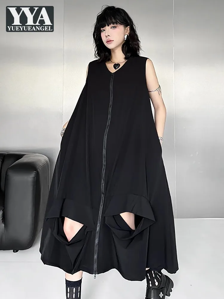 

Gothic Women Sleeveless Long Dress V-Neck Zip Loose Fit Holes Casual A-Line Dress Streetwear Harajuku Personality Tank Dresses
