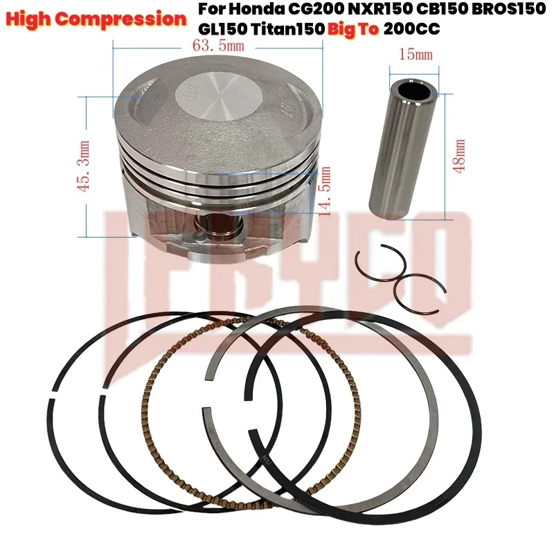 

Motorcycle Racing Modified 63.5mm High Compression Piston Kit for Honda CG200 NXR150 CB150 BROS150 GL150 Titan150 to 200cc Parts