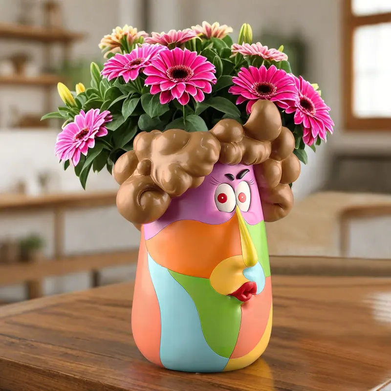 Curly hair girl home desktop garden resin, art succulent flower pot ornament view 3
