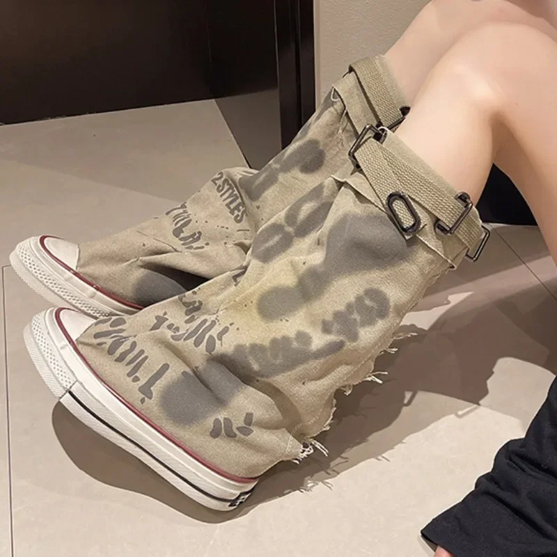 Retro Trouser Barrel Stacking Boots Women\'s High Top Canvas Shoes Spring Autumn Graffiti Wide Barrel Boots 2024 New Flat Shoes