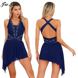 Womens Figure Skating Dress Lyrical Dance Performance Costume Ballet Gymnastics Leotard Tutu Shiny Rhinestone Mesh Dancewear