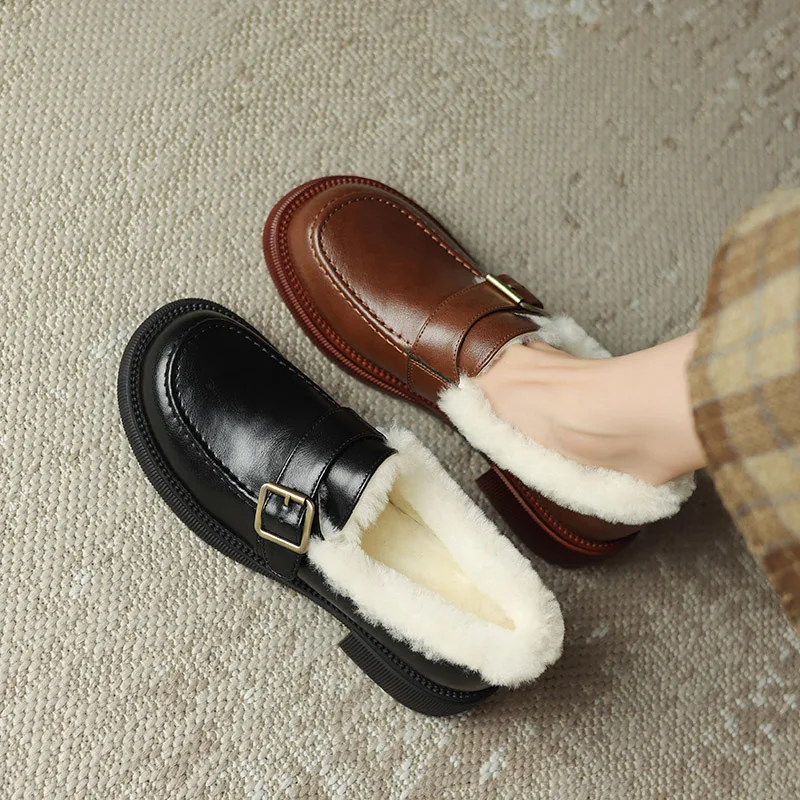 Phoentin winter warm Lamb wool lining Loafers women's Fashion Belt retro britsh leather pumps round toe mid heel shoes FT2940