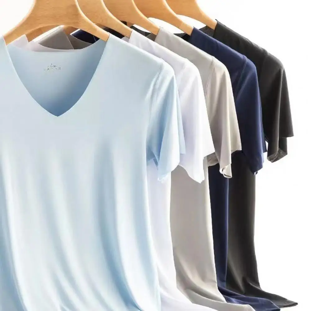 Men Summer T-shirt V Neck Thin Ice Silk Solid Color Thin Stretchy Pullover Sweat Absorption Quick-drying T-shirt Fitness Top