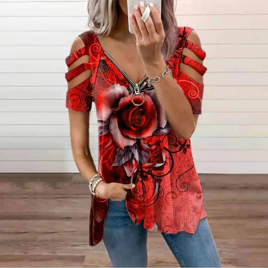 Woman's Tshirts Superior Quality spring/summer v-neck Zipper Short Sleeve Off Shoulder Ladies t-shirt Dropshipping YMJLHY2159