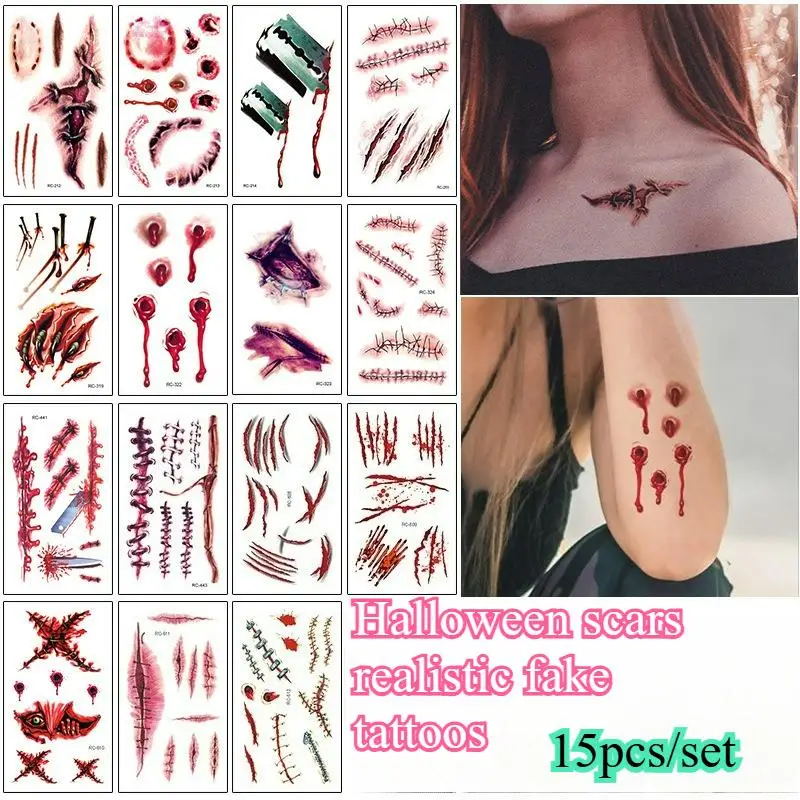 

15pcs Halloween Horror Scar Tattoo Stickers 3D Spider Scorpion Waterproof Temporary Tattoos for Men Women Realistic Fake Tattoo