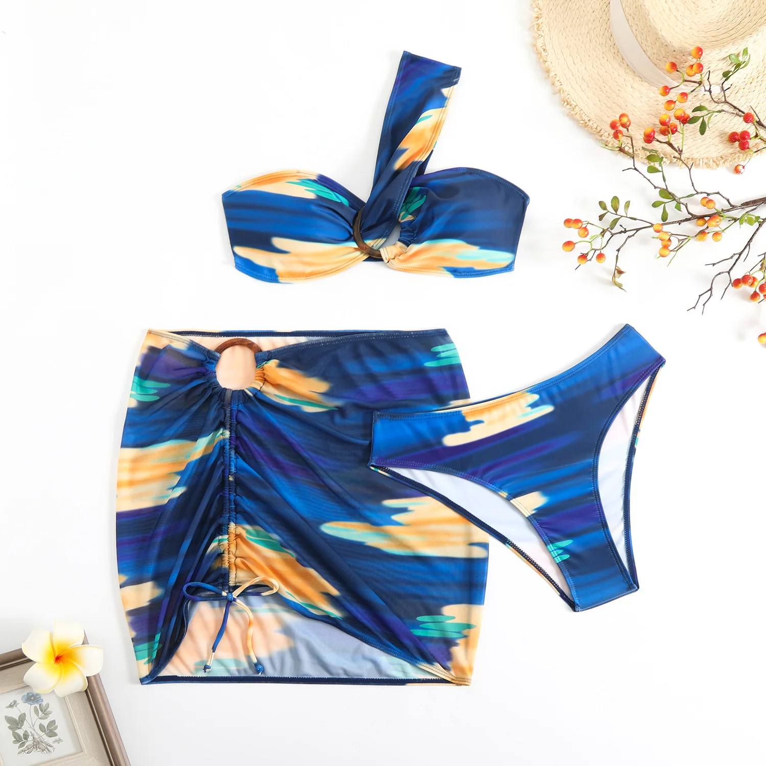 2025 New Swimwear Tie-dye Printed Women's Three-piece Split Bikini