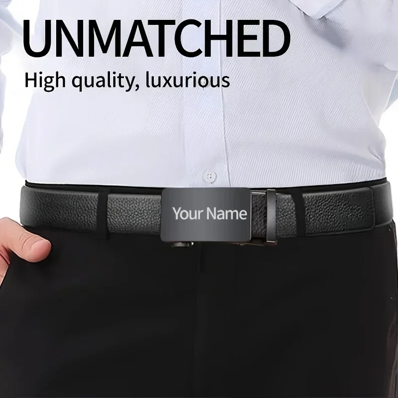 Engraved Custom Personalized Name Logo Text Casual Belt for Men PU Leather, Alloy Buckle, Casual Gift for Him Husband Boyfriend