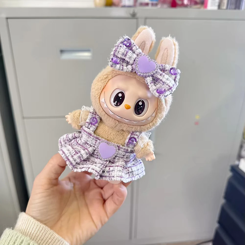 17cm Labubu V1 V2 Idol Dolls Cute Mini Plush Doll'S Clothes Korea Kpop Exo Idol Dolls DIY Accessories Pink Purple Skirt Gifts