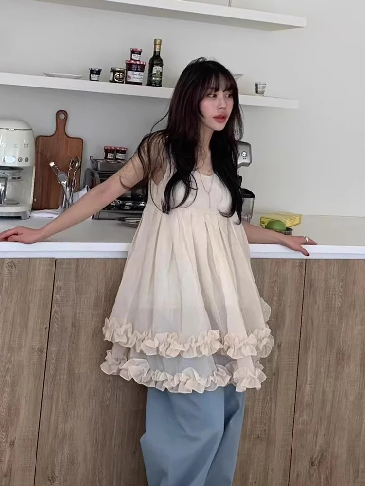 Vestido f de verão Liangliang com alças de madeira de camada dupla, estilo coreano, cintura alta, saia curta soltinha ...