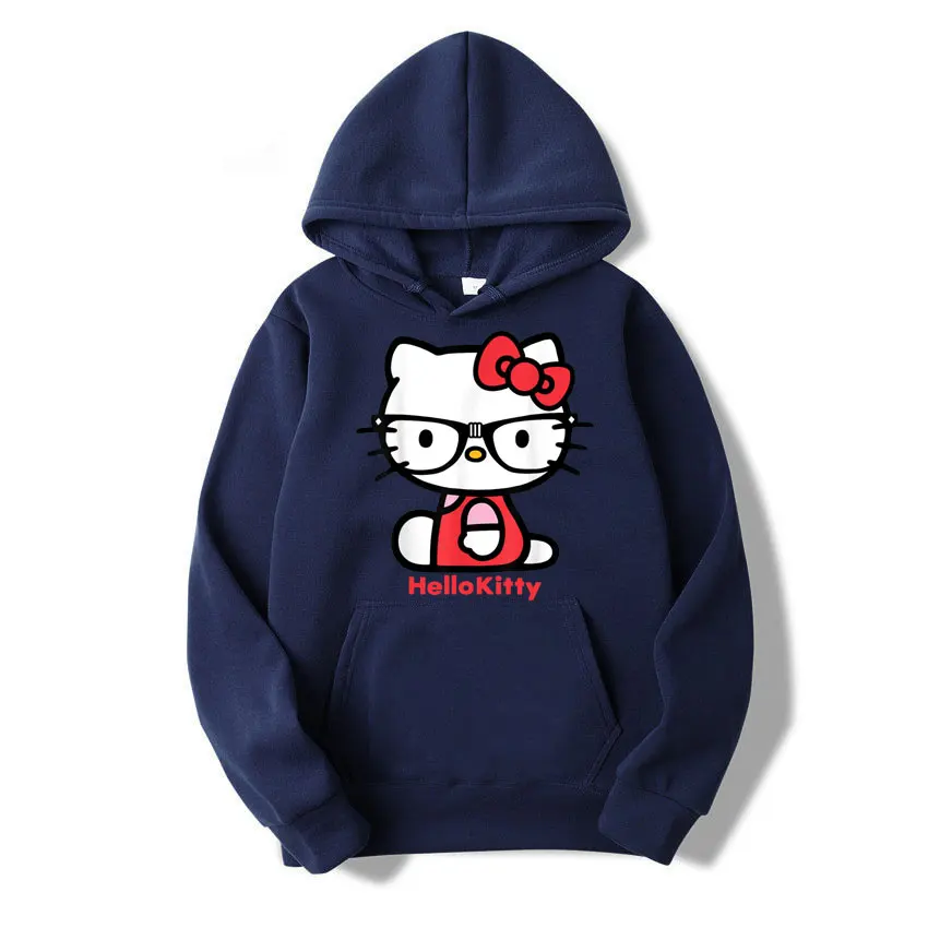 Hello Kitty glasses Unisex Hoodie Cartoon Fashion Couple Oversized Sweatshirt Tops Spring Autumn Pullover