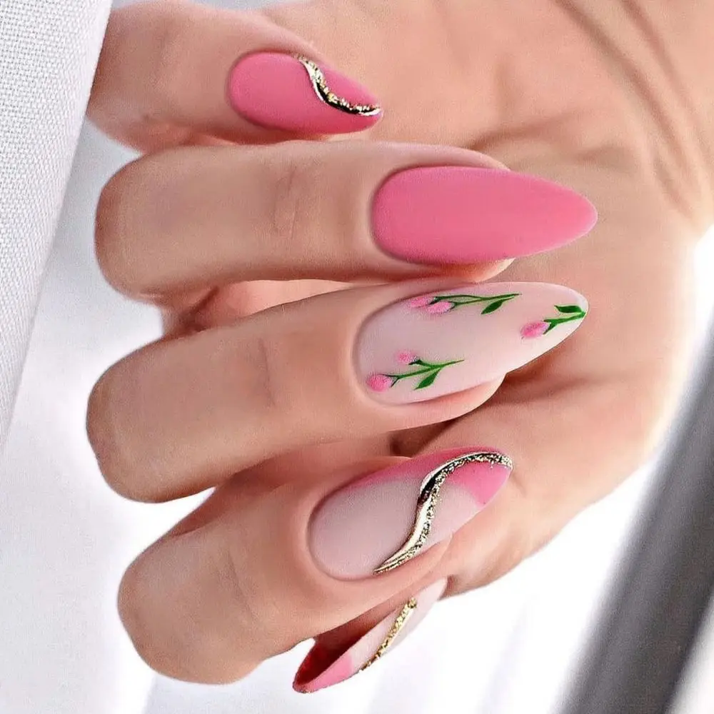 DIY Long Almond False Nails Leaf Butterfly Blue Gradient Press on Nails French Detachable Nail Tips at Salon