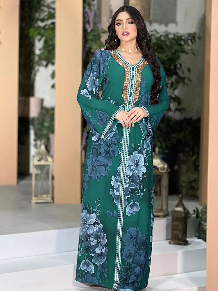 Imagem -02 - Floral Impresso Abaya Vestido Longo Feminino Diamantes Árabe Festa Muçulmano Solto Robe Golfo Saudita Jalabiya Marroquino Kaftan Maroon