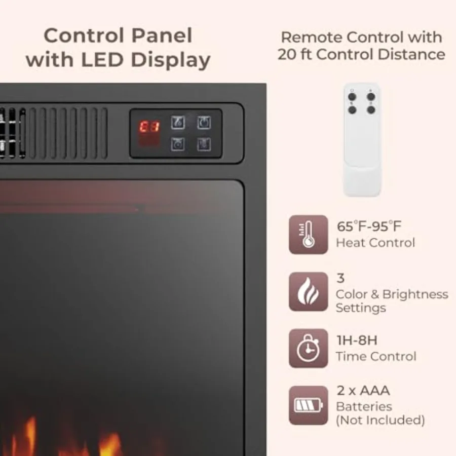 23 بوصة مدفأة كهربائية إدراج لغرفة المعيشة جدار جبل مع تأثير لهب الزجاج الكريستال 750 واط/1500 واط التدفئة قابل للتعديل لهب