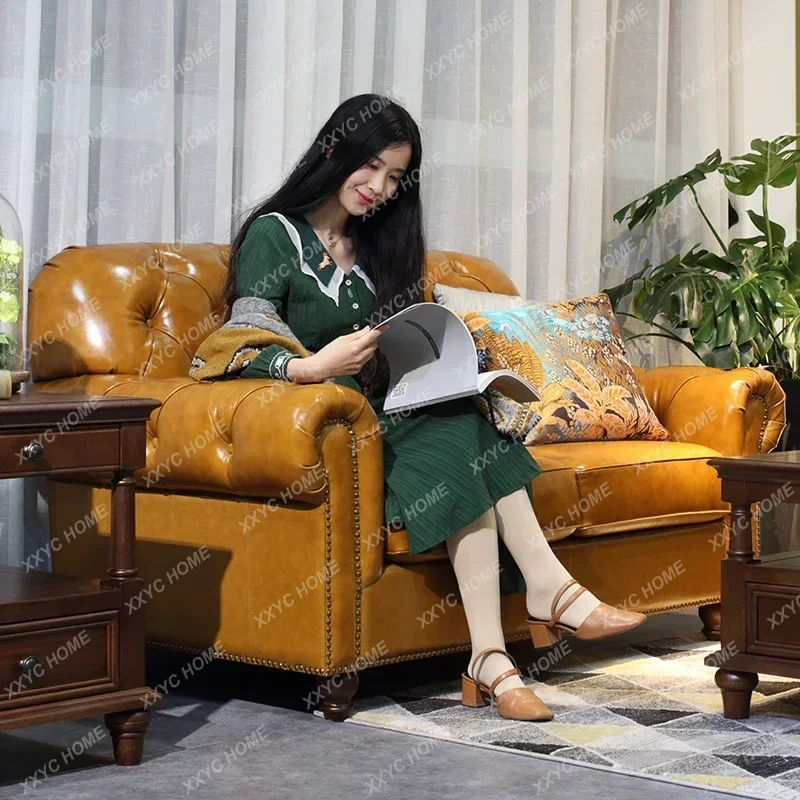 Cowhide Xiaomei Style Living Room Furniture Retro Pull Buckle Leather Sofa