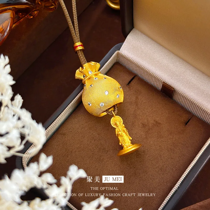 

New Chinese style national style 24K real gold high-end diamond brushed lucky bag God of Wealth 9999 pendant sweater chain