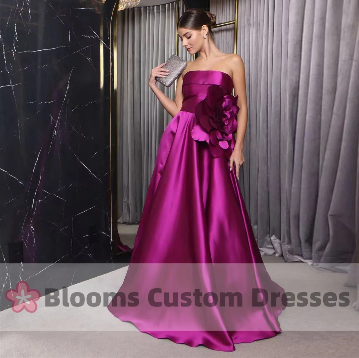 

Blooms Strapless Satin Flower A-Line Noble Evening Dresses 2024 Sleeveless Prom Dress Wedding Guest Formal Occasion Gown