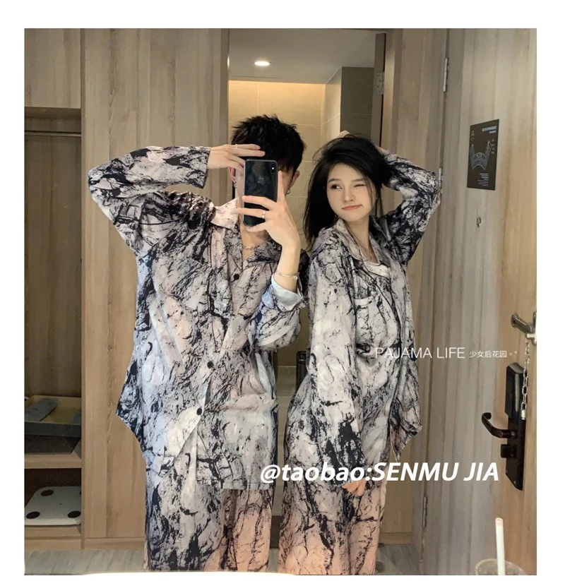 High Grade Ink Splashed Landscape Painting Couple Pajamas With Ice Silk 2024 Spring And Autumn Long Sleeved Home Clothing Set